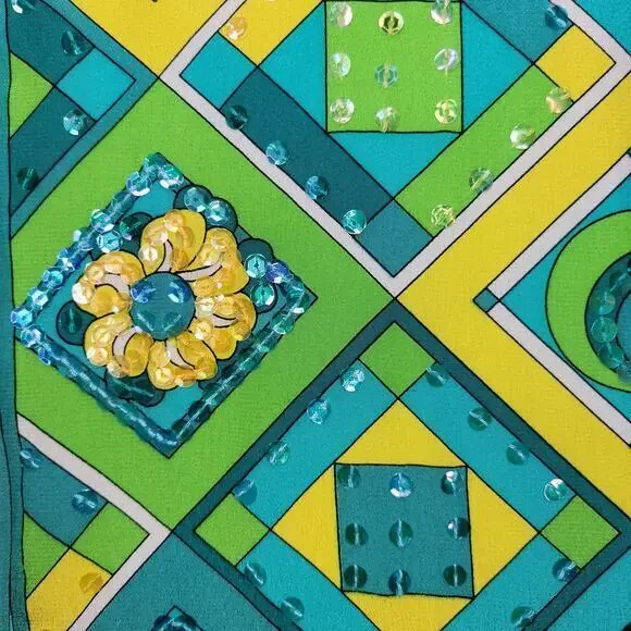 Diane Gilman Womens Blouse Top 1X Silk Sequin Art to Wear Blue Yellow Green - Picture 3 of 9